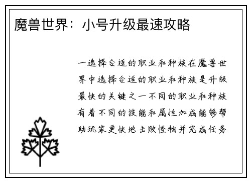 魔兽世界：小号升级最速攻略